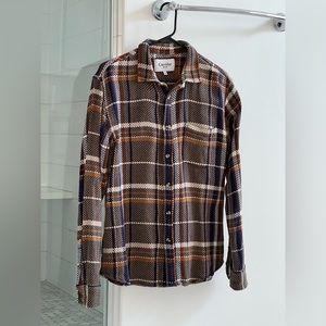 Corridor Acid Plaid Long Sleeve Button Down in Navy, Orange, and Brown